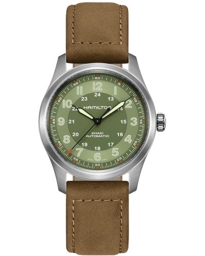 Hamilton Swiss Automatic Khaki Field Brown Leather Strap Watch 38mm - Green