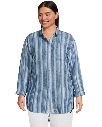 Lands' End Plus Size Linen Long Sleeve Oversized Extra Long Tunic Top - Blue