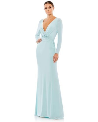 Mac Duggal Ieena Long Sleeve Ruched Jersey V-neck Gown - Blue