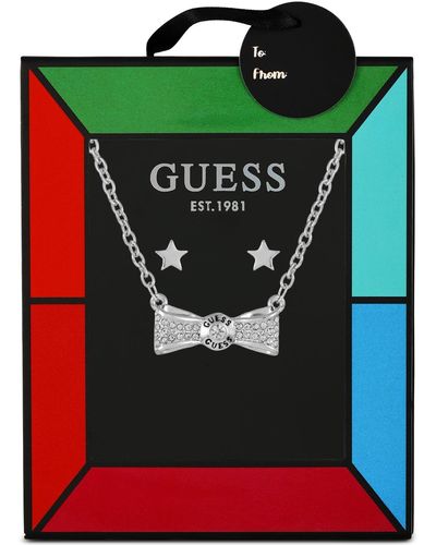 Guess Crystal Pave Bow Pendant Necklace & Stud Earrings Gift Set - Green