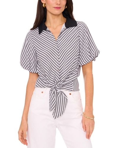 Vince Camuto Chevron-stripe Puff-sleeve Tie-front Top - Gray