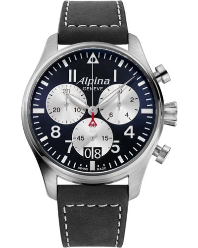 Alpina Swiss Chronograph Startimer Pilot Leather Strap Watch 44mm - Black