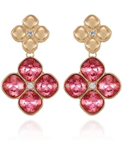 Tahari Tone Rose Glass Stone Clip On Drop Earrings - Pink