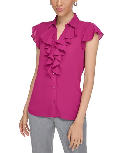 Calvin Klein Petite Ruffle-trim Flutter-sleeve Button-up Blouse - Purple
