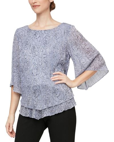 Alex Evenings Printed Metallic Knit Tiered Pointed-hem Blouse - Blue