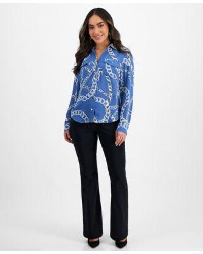 INC International Concepts Petite Printed Button Down Pocket Front Top Flare Leg Pull On Pants Created For Macys - Blue