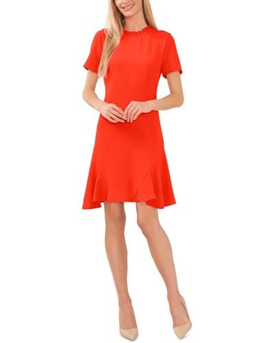 Cece Ruffle Neck Short Sleeve Godet A-line Dress - Red