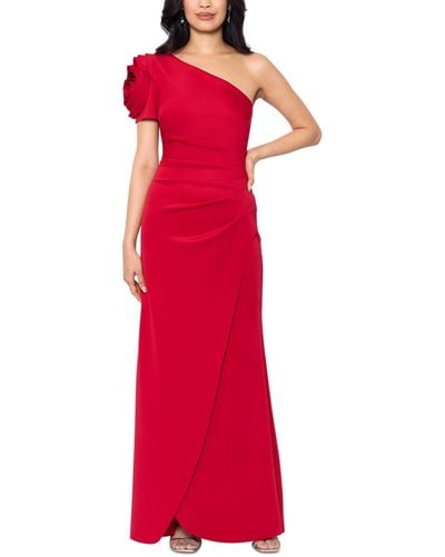 Xscape Floral-sleeve One-shoulder Gown - Red