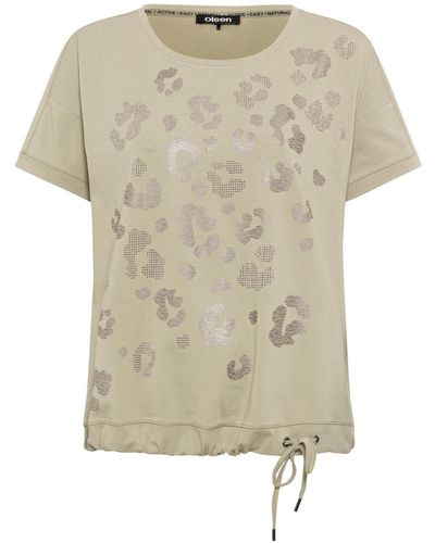 Olsen Cotton Blend Embellished Leo Print T-shirt - Natural