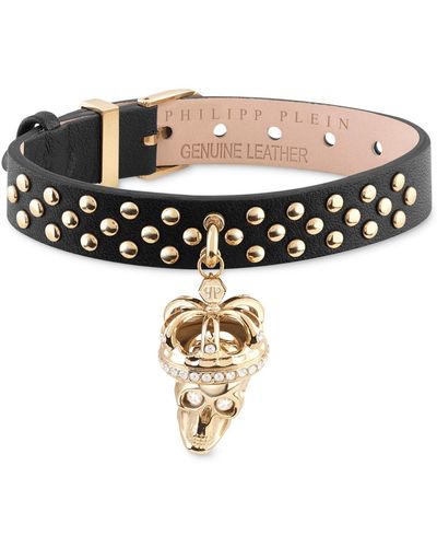 Philipp Plein Gold-tone Ip Stainless Steel Pave Crowned 3d $kull Charm Studded Leather Bracelet - White