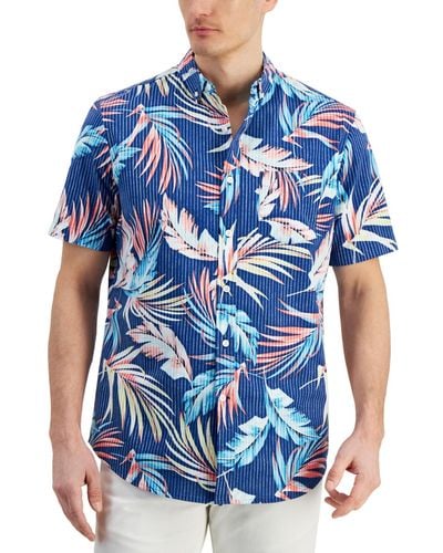 Club Room Summer Tropical Leaf Patterned Short-sleeve Seersucker Shirt - Blue