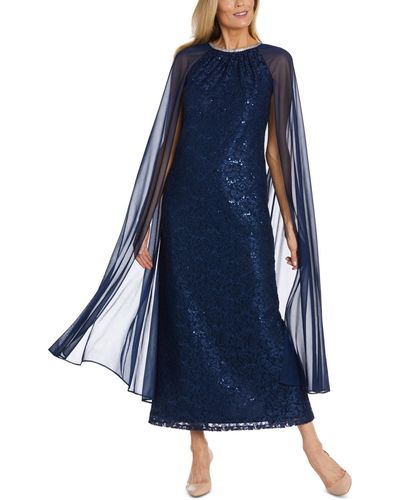 R & M Richards Sequined Embellished-neck Draped Gown - Blue