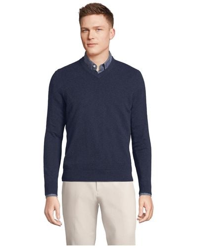 Lands' End Fine Gauge Cashmere V-neck Sweater - Blue