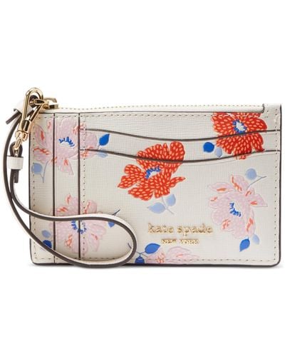 Kate Spade Morgan Dotty Floral Embossed Saffiano Leather Coin Card Case Wristlet - White