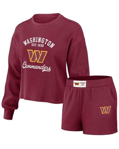 WEAR by Erin Andrews Distressed Washington Commanders Waffle Knit Long Sleeve T-shirt And Shorts Lounge Set - Red