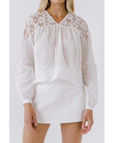 English Factory Lace Yoke With Long Sleeve Blouse - White