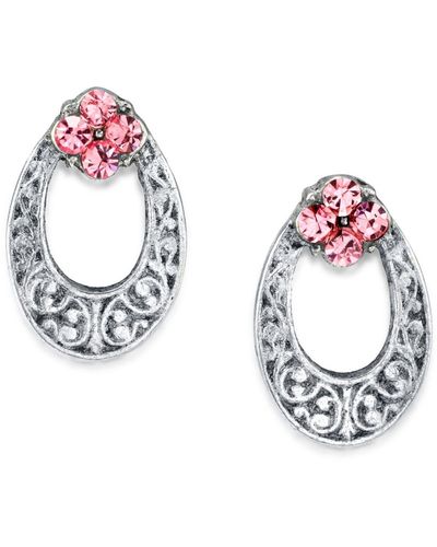 2028 Silver Tone Light Crystal Oval Stud Earring - Pink