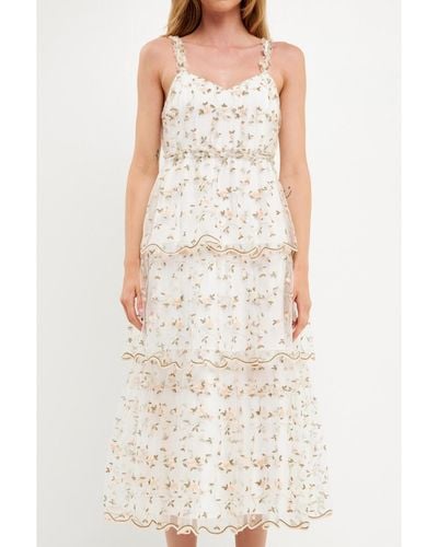 Endless Rose Floral Embroidery Scalloped Hem Tiered Dress - White