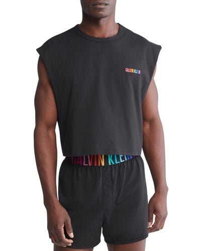 Calvin Klein Intense Power Pride Cropped Logo Embroidered Cotton Muscle Tank - Black