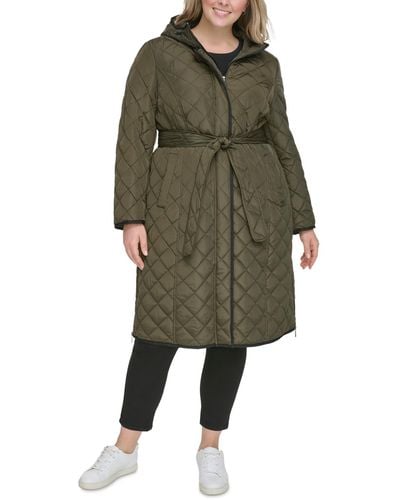 DKNY Plus Size Hooded Belted Quilted Coat - Green