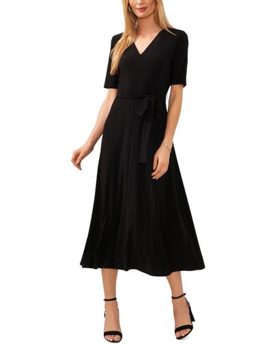 Msk Petite V-neck Short-sleeve Belted Jersey Midi Dress - Black