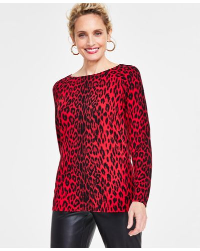 INC International Concepts Leopard-print Boat-neck Sweater - Red