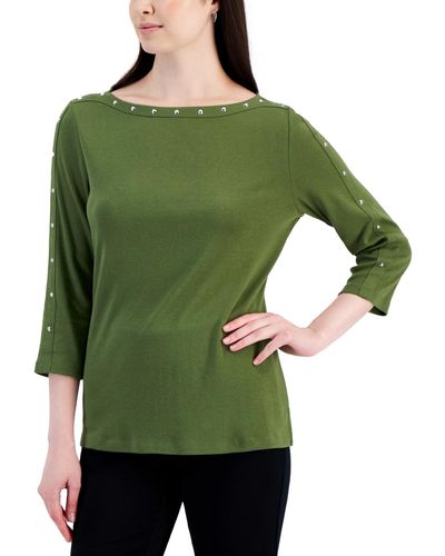 Karen Scott Studded 3/4-sleeve Boat-neck Cotton Top - Green