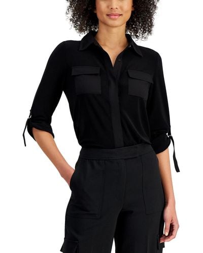 Anne Klein Convertible-sleeve Utility Shirt - Black