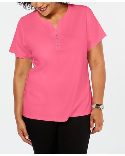 Karen Scott Plus Size Cotton Henley Top - Pink