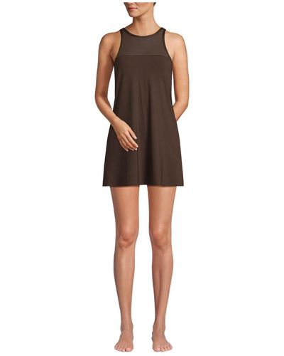 Lands' End Chlorine Resistant Smoothing Control Mesh High Neck Swim Dress One Piece Swimsuit - Brown