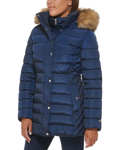 Tommy Hilfiger Petite Faux-fur-trim Hooded Puffer Coat, Created For Macy's - Blue