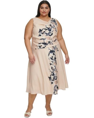 DKNY Plus Size Cowlneck Cascading-floral Midi Dress - Natural