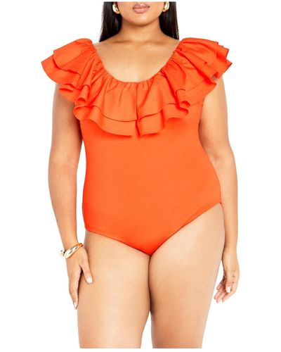 City Chic Plus Size Frill Shoulder Bodysuit - Orange