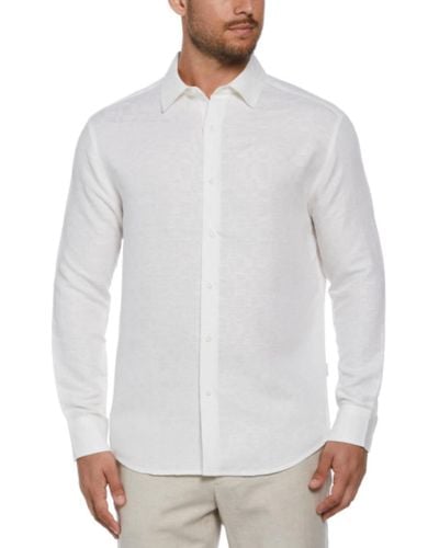 Cubavera Long Sleeve Button Front Linen Blend Dobby Shirt - White