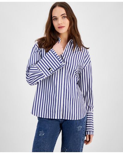 HUGO Striped Button-front Cotton Shirt - Blue