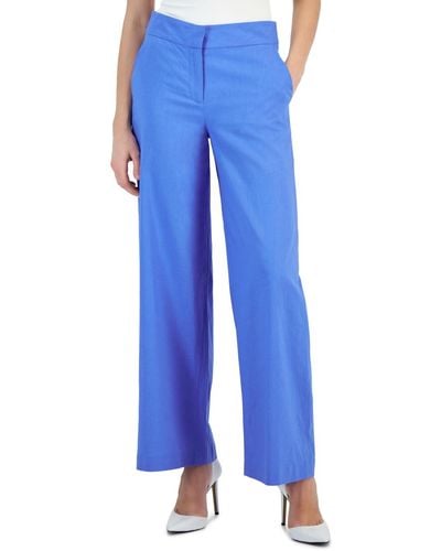 Tahari Solid Wide-leg Mid-rise Linen Pants - Blue