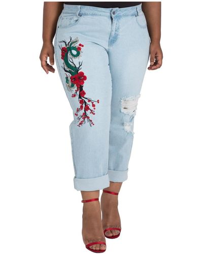 Poetic Justice Plus Size Curvy Fit Light Wash Dragon Embroidered Boyfriend Jeans - Blue