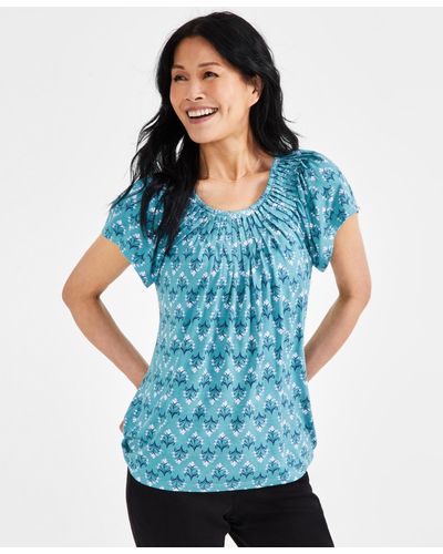 Style & Co. Printed Pleated Scoop-neck Top - Blue
