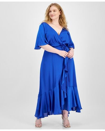 Taylor Plus Size Satin Ruffled A-line Dress - Blue