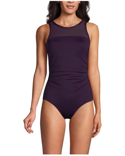 Lands' End Chlorine Resistant Smoothing Control Mesh High Neck One Piece Swimsuit - Blue