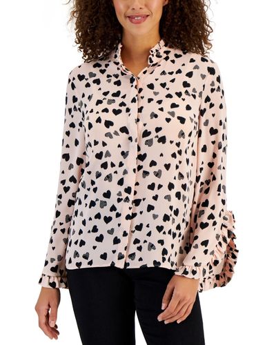 T Tahari Heart-print Bell-sleeve Button-front Top - White