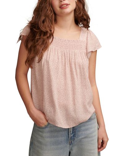 Lucky Brand Smocked Square-neck Flutter-sleeve Top - Brown