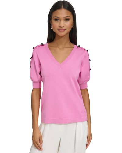 Karl Lagerfeld Short-sleeve Button-trim V-neck Sweater - Pink