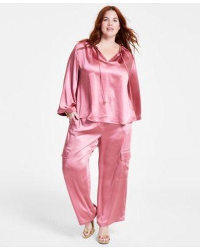 Michael Kors Micheal Kors Plus Size Chain Neck Kimono Sleeve Top Satin Cargo Pants - Pink
