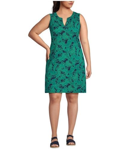 Lands' End Plus Size Cotton Jersey Sleeveless Swim Cover-up Dress Print - Green