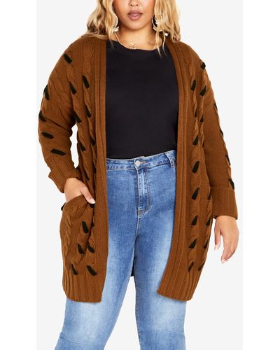 Avenue Plus Size Lacey Cable Longline Cardigan Sweater - Brown