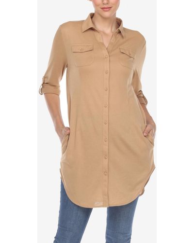 White Mark Stretchy Button-down Tunic Top - Natural