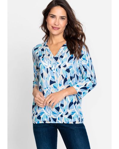 Olsen Cotton Blend 3/4 Sleeve Geo Print Tunic T-shirt Containing [tm] Modal - Blue