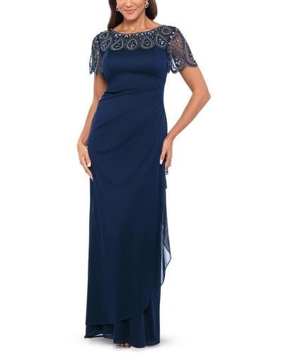 Xscape Bead Embellished Short-sleeve Gown - Blue
