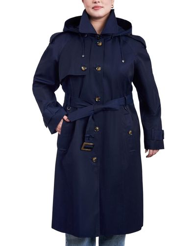 London Fog Plus Size Belted Hooded Water-resistant Trench Coat - Blue